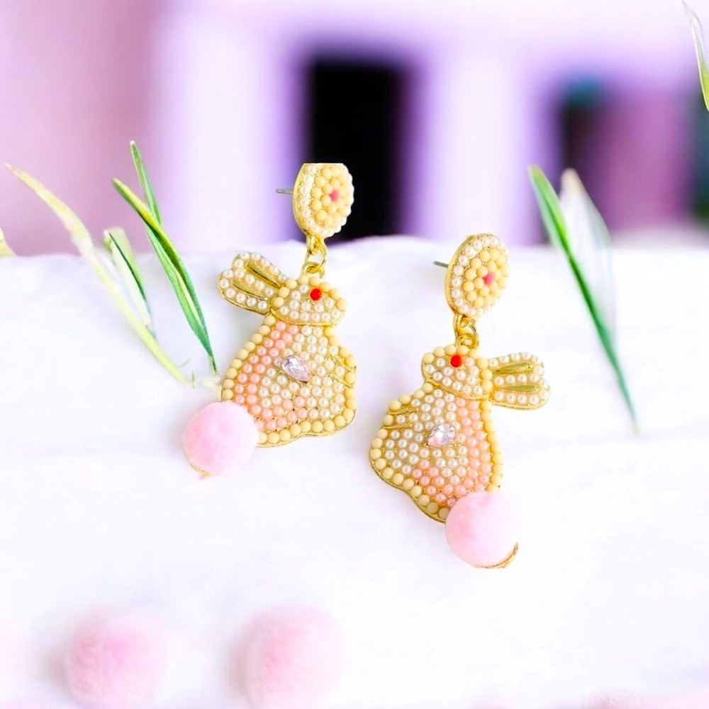 Bunny Rabbit Cream & Pink Faux Pearl & Faux Fur, Stud Dangle Earrings Easter - Picture 4 of 5